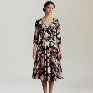 Hell Bunny black Dahlia 50’s style dress New! Size large floral belted New